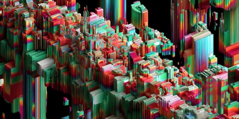 Abstract Cityscape of Vibrant Pixelated Cubes and Prisms