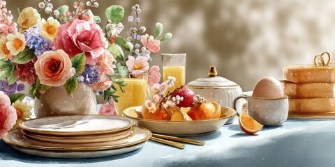 Bright Floral Breakfast Still Life with Golden Tableware