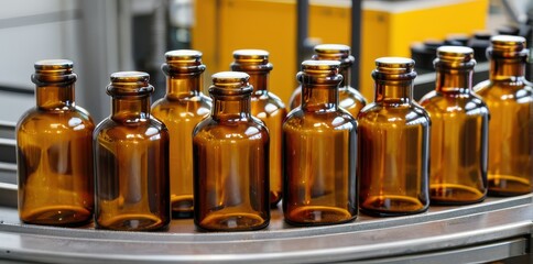Amber Glass Bottles on Conveyor Belt in Factory