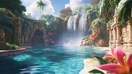 Tropical Paradise Waterfall: Serene turquoise water flows from a majestic waterfall into a tranquil lagoon, surrounded by lush tropical vegetation and ancient ruins. Pink flower in foreground.