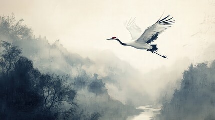 Red-crowned Crane in Flight: A majestic red-crowned crane soars gracefully over a misty mountain landscape, its wings outstretched in elegant flight. The scene evokes a sense of serenity and freedom.