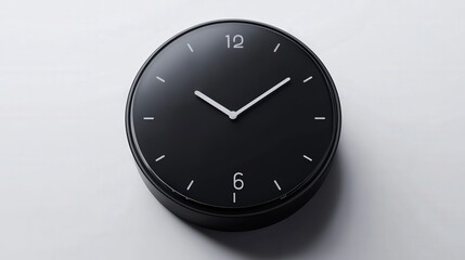Black Round Clock: Simple and elegant black round clock on a wall, showcasing minimalist design with clear white hands and numbers. Perfect for modern interiors.