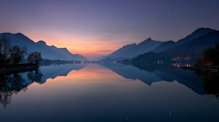 Serene Sunset Reflection Over Tranquil Lake Mountain Landscape Nature Photography Calm Environment Wide Viewpoint