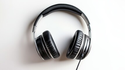Fototapeta premium Headphones Clarity: A detailed overhead shot of modern black headphones, symbolizing the purity of sound and clarity in a minimalistic style.