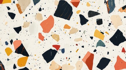 Terrazzo Composition: An eye-level view showcasing a modern composition of terrazzo, featuring an array of irregular stone pieces in various colors, artfully arranged to create a contemporary design