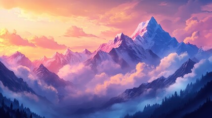 Majestic Mountain Vista: The image showcases a majestic mountain range reaching towards the sky, bathed in a spectrum of colors, where the peaks pierce the clouds. A vibrant view of nature