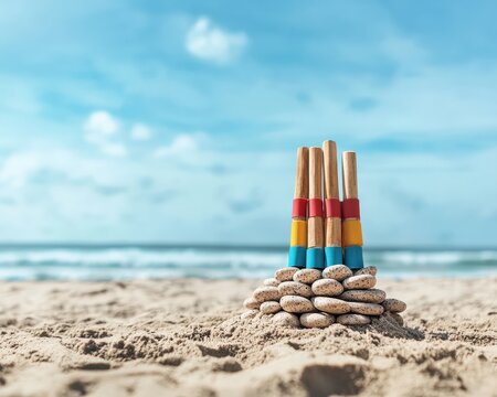 A company outing at a beach resort with team-building activities like raft building