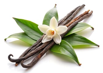 Vanilla flower sticks and leaves isolated on white background