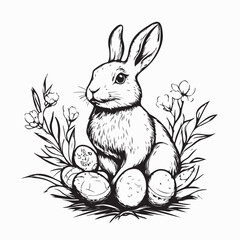 Easter bunny with decorated Easter eggs in a field Image Vector on white background.