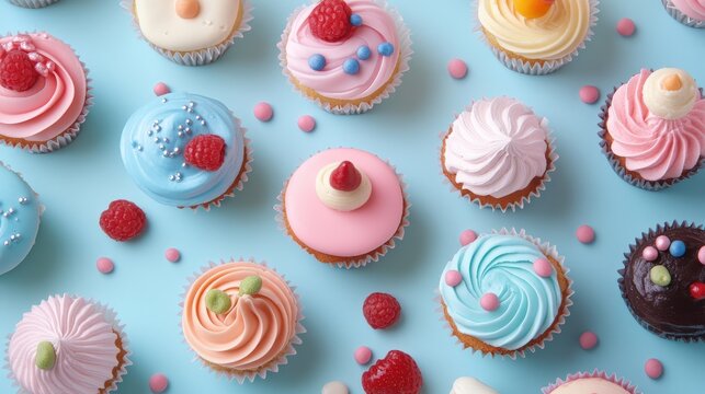 Sweet Symphony: A visual feast of colorful cupcakes arranged in a delightful pattern, showcasing a variety of delicious frostings and decorations, evoking feelings of joy and indulgence.