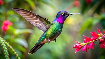 Fototapeta premium Vibrant Hummingbird Hovering by Red Blossoms in a Lush Garden