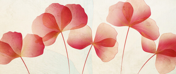 Abstract floral art background with pink transparent flowers in line art style with watercolor texture. Botanical banner for decor, print, textile, poster, wallpaper, interior design.