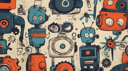 Retro Robot Crew: A whimsical collection of vintage-style robots, each with unique features and expressions, creates a playful and nostalgic pattern.  