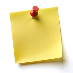Yellow sticky post it note with red pushpin isolated on white background