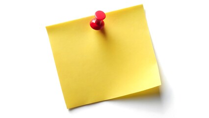 Yellow sticky post it note with red pushpin isolated on white background