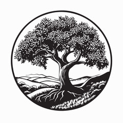 Majestic Tree Overlooks Lush Valleys And Hills logo vector isolated on white background.