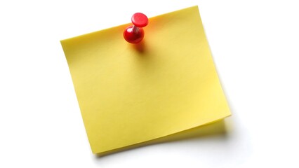 Yellow sticky post it note with red pushpin isolated on white background