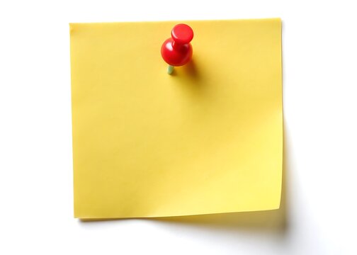 Yellow sticky post it note with red pushpin isolated on white background