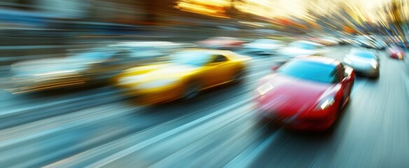 Fototapeta premium Dynamic City Traffic Scene with Motion Blur of Cars on Urban Avenue at Sunset