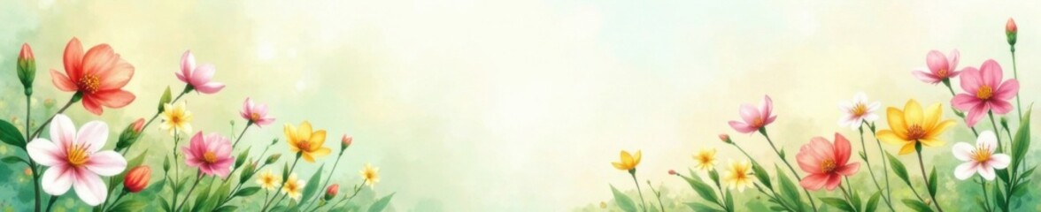 Naklejka premium Abstract watercolor spring background with fresh greenery and blooming flowers in soft pastel colors , blooming, abstract, greenery