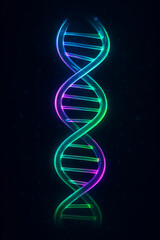 Glowing colorful DNA strand against a dark background showing the iconic double helix structure.