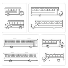 Black school bus collection set line icon, simple detailed transport flat design illustration drawing element for app ui ux web button, interface pictogram elements isolated on white background
