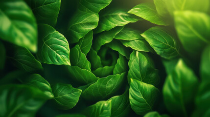 Fototapeta premium Lush green leaves create mesmerizing vortex, spiraling inward with vibrant shades of green, evoking sense of tranquility and connection to nature