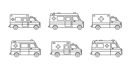 Black Ambulance cars collection line icon, simple emergency medical service vehicle flat design illustration drawing for app ui ux web button interface pictogram elements isolated on white background