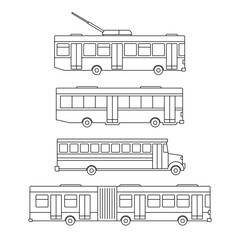 Black bus thin line icons collection set, simple modern urban transport flat design illustration drawing element for app ui ux web button, interface pictogram elements isolated on white background