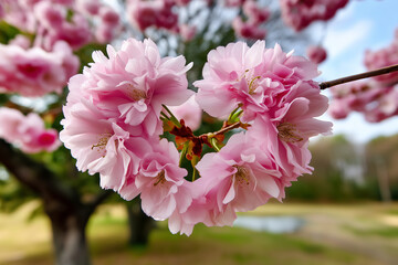 Fototapeta premium Pink cherry blossoms forming heart shape on branch, romantic spring floral symbol with blurred garden background, ideal for love or seasonal concept use