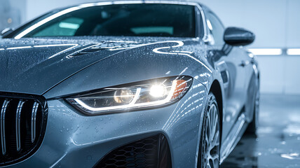 Close-up of a modern sleek silver car with water droplets highlighting its front grille and illuminated headlight in a bright setting.