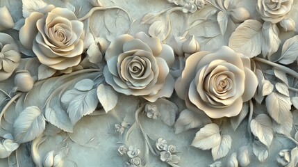 Floral Elegance in Relief: Exquisite floral arrangement of roses sculpted in high-relief, revealing intricate details and textures that evoke feelings of romance and natural beauty.