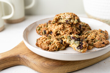 Homemade oatmeal cookies with cranberries and pumpkin seeds. Healthy diet snack.