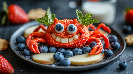 Adorable strawberry crab fruit platter kids fun food creative healthy snack art red.