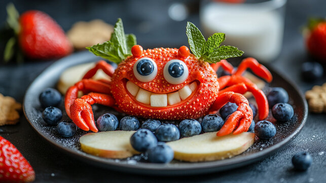 Naklejki Adorable strawberry crab fruit platter kids fun food creative healthy snack art red.