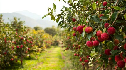 Organic lychee fruits hanging on tree branches in lush orchard under clear blue sky in Fujian, China. Wide-angle view showcasing red and green lychees with fresh leaves and vibrant natural abundance.