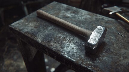 Crafting Precision: A meticulously crafted hammer lies at rest on a seasoned workbench, capturing the essence of artisanal skill and the dedication to the craft.