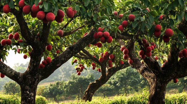 Organic lychee fruits hanging on tree branches in lush orchard under clear blue sky in Fujian, China. Wide-angle view showcasing red and green lychees with fresh leaves and vibrant natural abundance.
