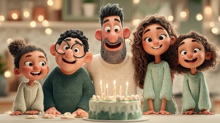 3d illustration, cute cartoon happy multiethnic family celebrating father s birthday at home,stock photo