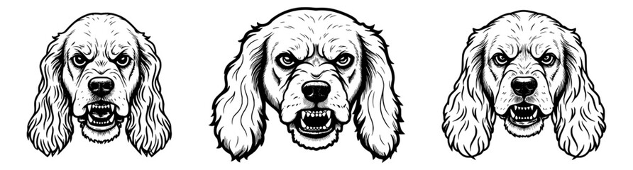 Vector outline of a Cocker Spaniel dog furious and barking faces