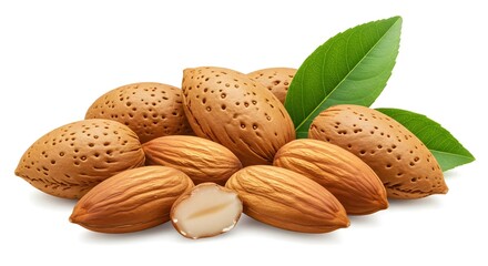 Whole Almonds with Green Leaves Isolated on White Background
