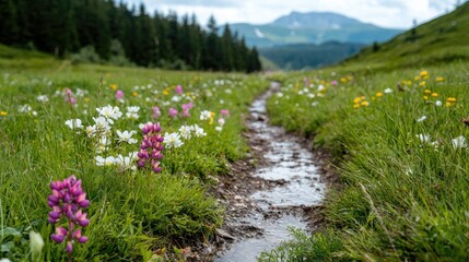 Obraz premium Tranquil stream wildflower meadow peaceful nature landscape photography