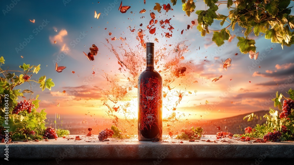 Poster elegant bottle of wine with dynamic splash of red wine captured in motion against a dark background