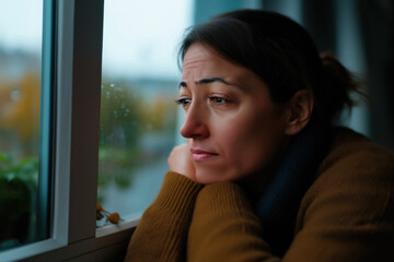 young woman looking out window and feeling sad, mental health awareness