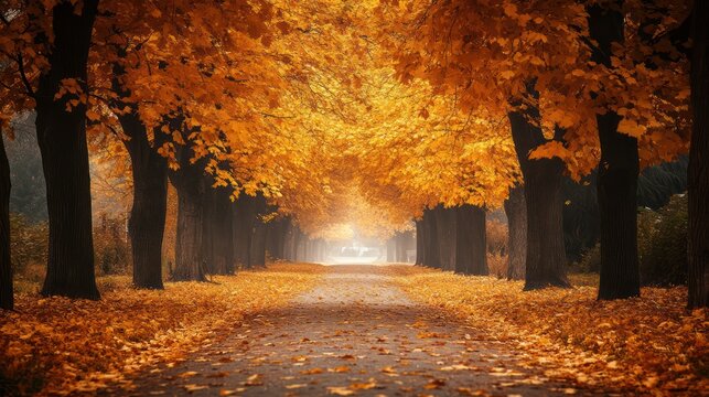 Serene autumn avenue: A golden canopy path evokes peaceful introspection