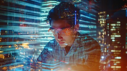 Focused Programmer Working Late at Night in a Futuristic Cityscape