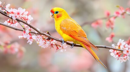 Vibrant yellow bird on blossoming branch spring nature wildlife photography