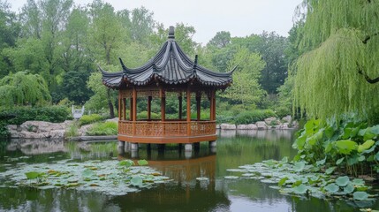 Naklejka premium Serene Garden Pavilion: A traditional pavilion, set gracefully on a tranquil lake, reflects the beauty of a serene garden, embodying peace, tranquility, and the splendor of architecture.