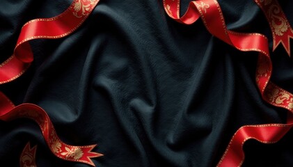Black cloth draped with elaborate patterns of ribbons and banners, ribbons, dark