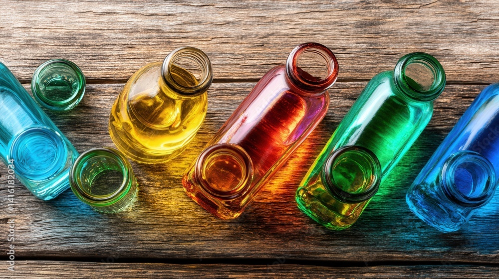 Poster assortment of colorful glass bottles arranged aesthetically on a surface showcasing their unique sha